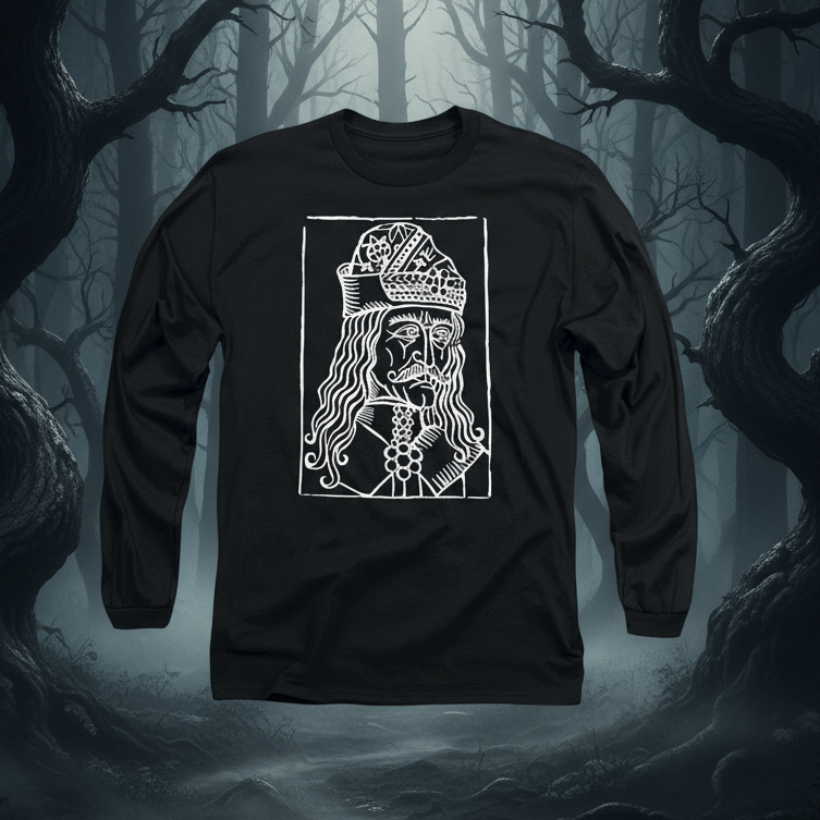 Black long-sleeve shirt with white graphic design of Dracula Vlad Tepes on a white background