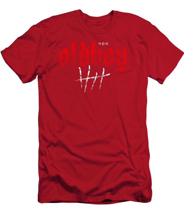 Red t-shirt with 'oldboy' text on a white background