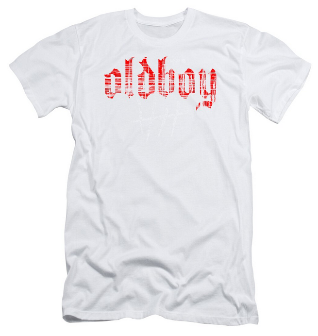 White t-shirt with red text 'oldboy' on a white background