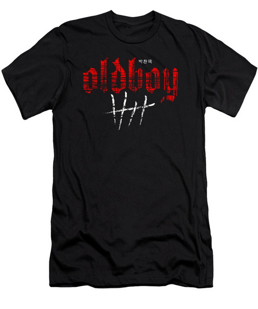 Black t-shirt with red and white text on a white background