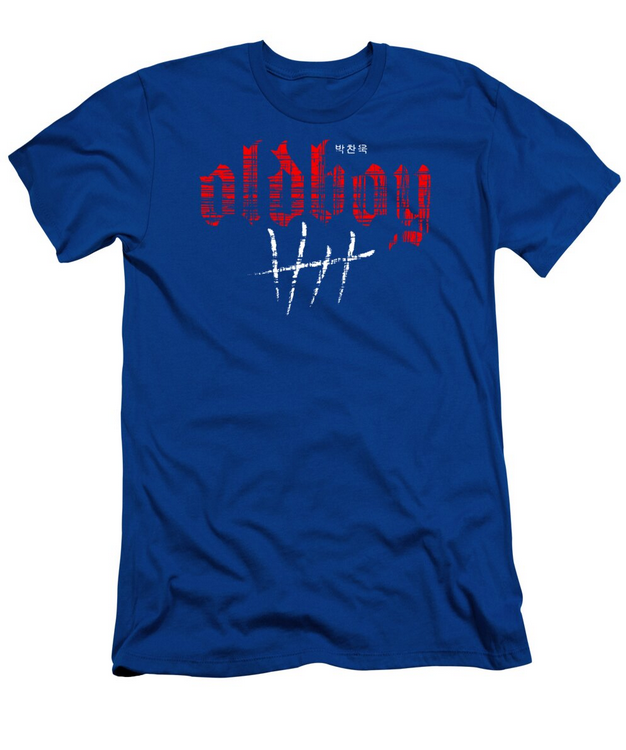 Blue t-shirt with red and white text on a white background