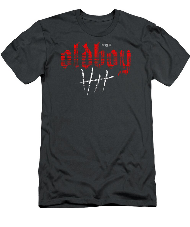 Black t-shirt with red and white text on a white background