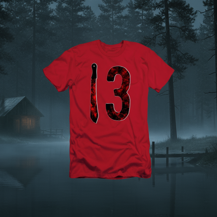 Red t-shirt with black number 13 design on a white background