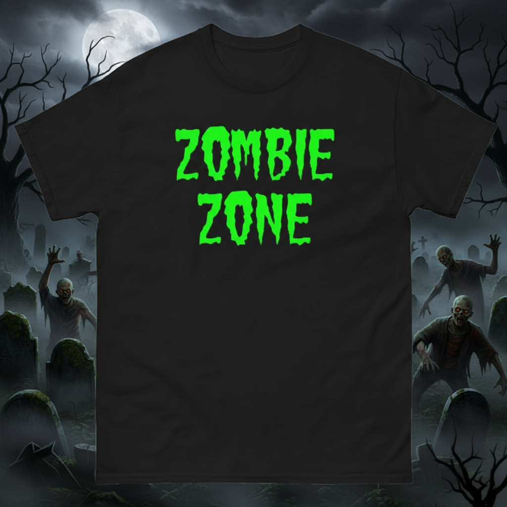 Black t-shirt with 'Zombie Zone' text in green on a white background