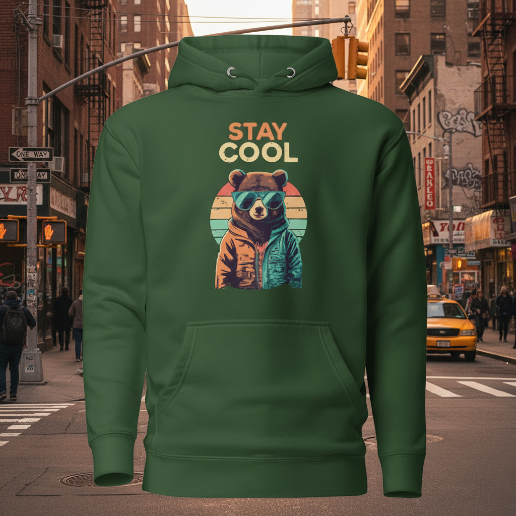 Green hoodie with a bear graphic and 'Stay Cool' text on a white background