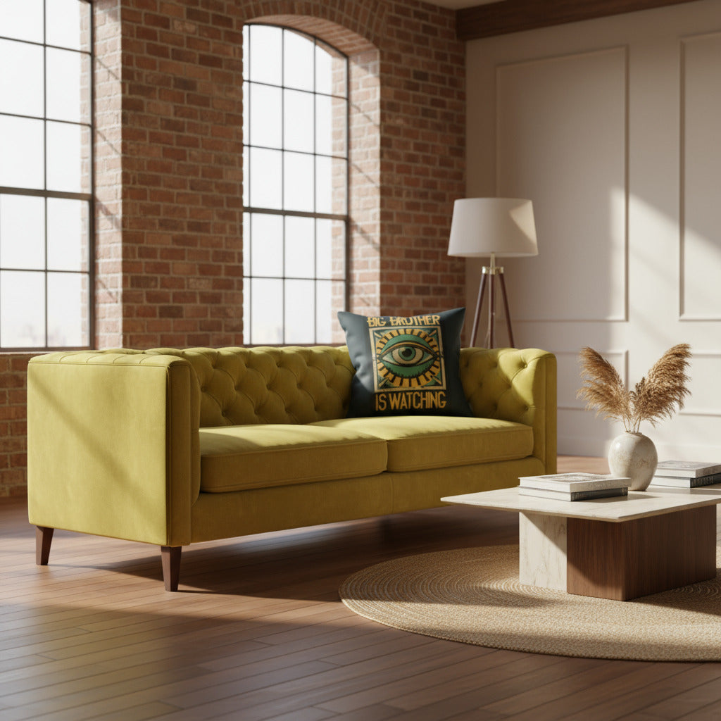 Green sofa with decorative Big Brother is Watching - Throw Pillow  in a modern living room with brick wall and large windows.