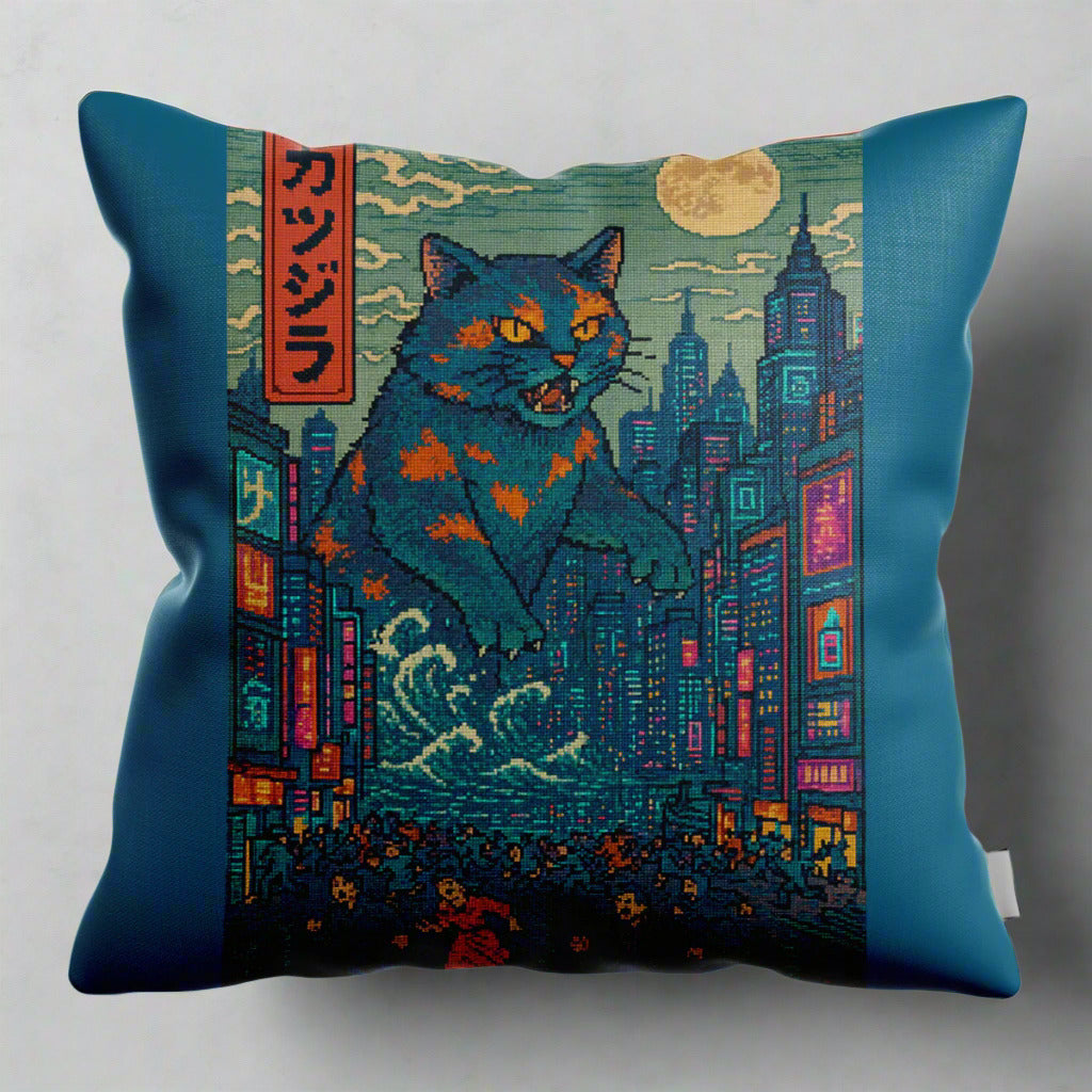 Decorative pillow with a cat and cityscape design on a plain background