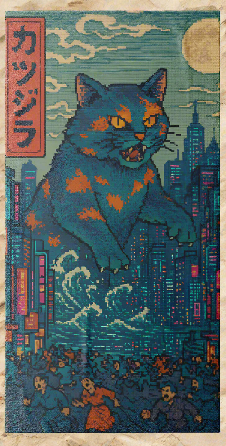Vintage-style illustration of a large cat-like creature with a cityscape background