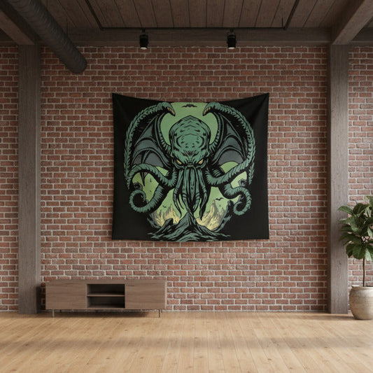 Room with a brick wall featuring a large tapestry of a green cthulhu design.