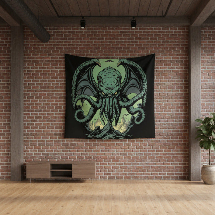 Room with a brick wall featuring a large tapestry of a green cthulhu design.