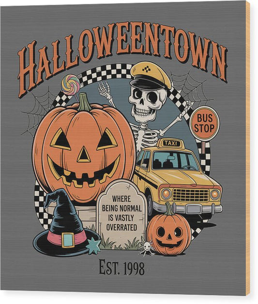 Halloween Town Taxi Stop - Wood Print