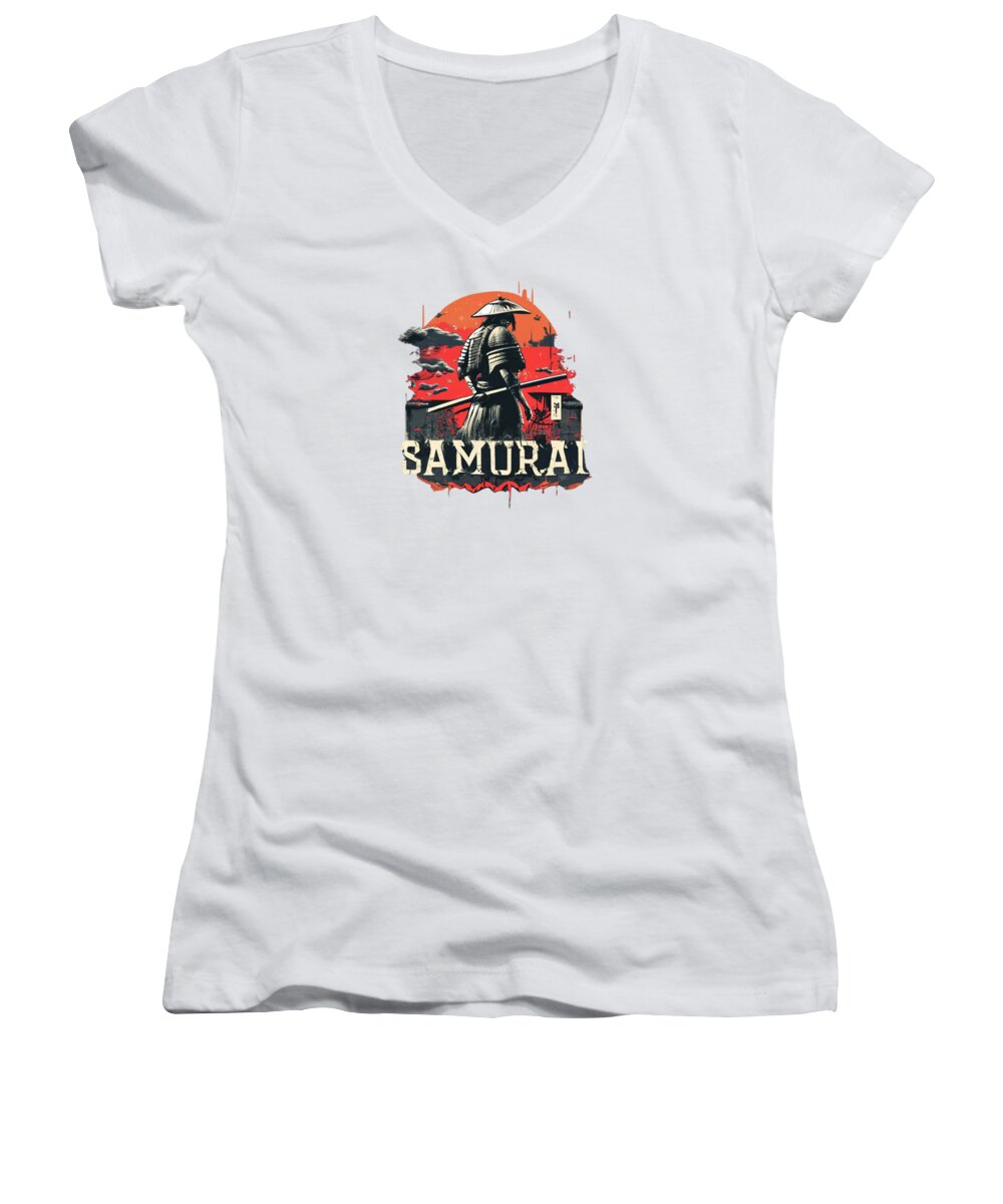 Samurai Warrior Vintage Sunset - Women's V-Neck