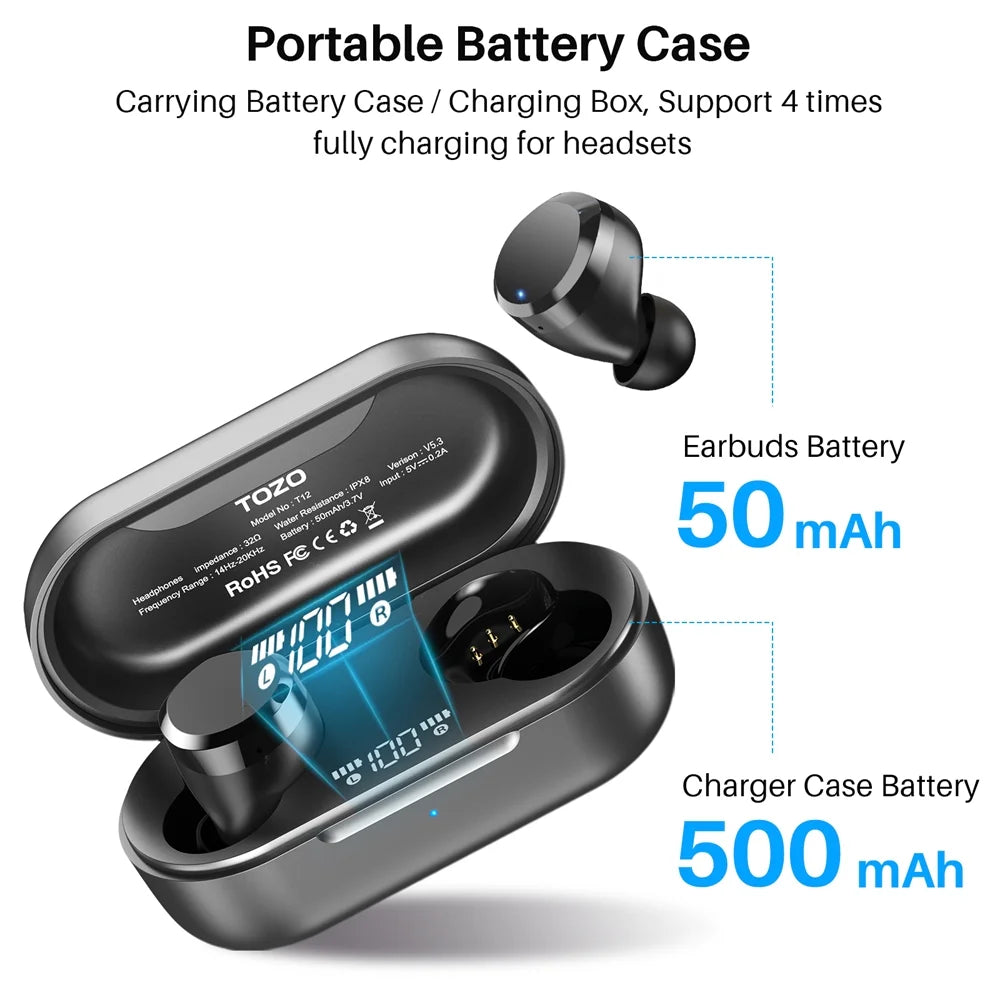 T12 Wireless Earbuds,Bluetooth 5.3 Version,Orig X Acoustic,Ipx8 Waterproof - Black