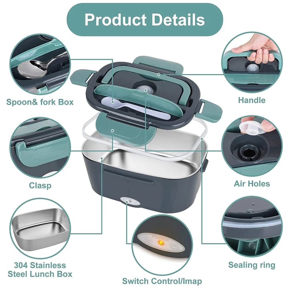 12V /24V /110V Stainless Steel Electric Heating Lunch Box for Home Car Office School Green