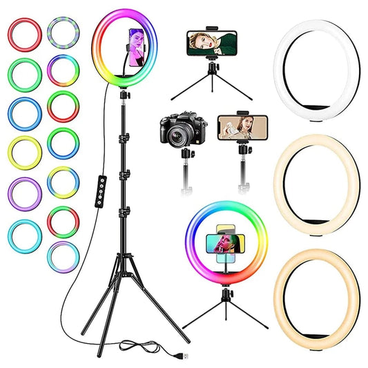 13" RGB Selfie Ring Light W/ Tripod Stand & Phone Holder 26 Modes 10 Brightness Level 120 LED Bulbs Dimmable Selfie Ringlight for Live Stream Makeup Youtube Video Photography Shooting 1