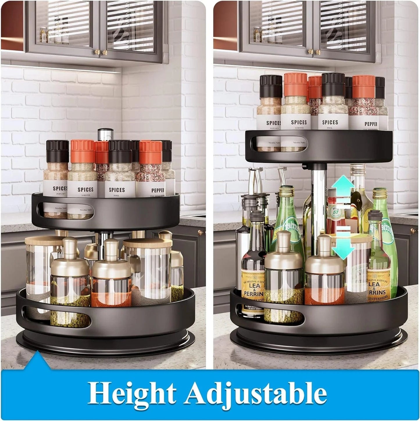 2 Tier Rotating Spice Rack Organizer, 360 Degree Rotation Turntable Kitchen Organizers and Storage, Metal Spice Holder for Kitchen Pantry Storage Cupboard Table Black