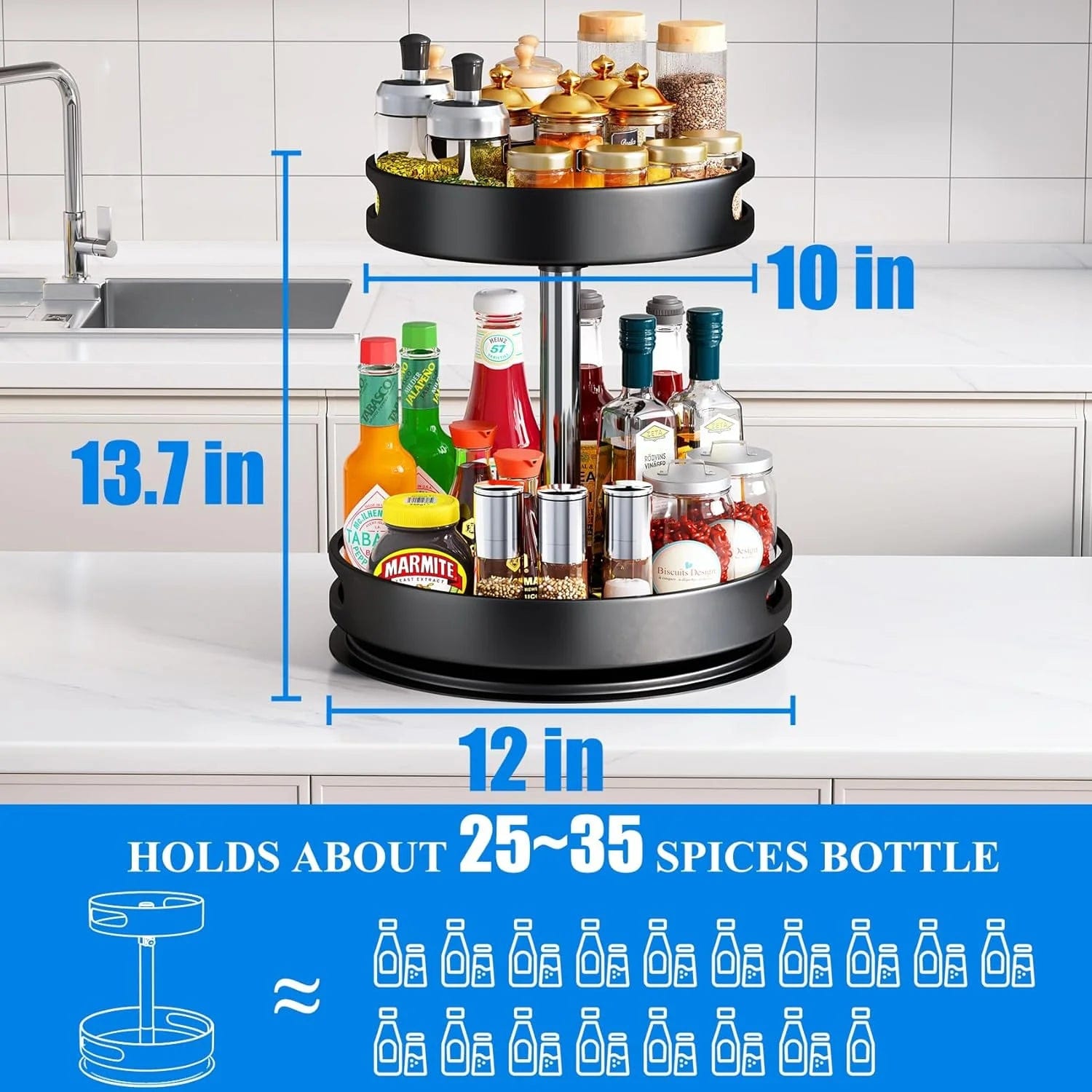 2 Tier Rotating Spice Rack Organizer, 360 Degree Rotation Turntable Kitchen Organizers and Storage, Metal Spice Holder for Kitchen Pantry Storage Cupboard Table Black