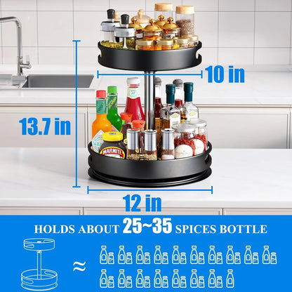 2 Tier Rotating Spice Rack Organizer, 360 Degree Rotation Turntable Kitchen Organizers and Storage, Metal Spice Holder for Kitchen Pantry Storage Cupboard Table Black