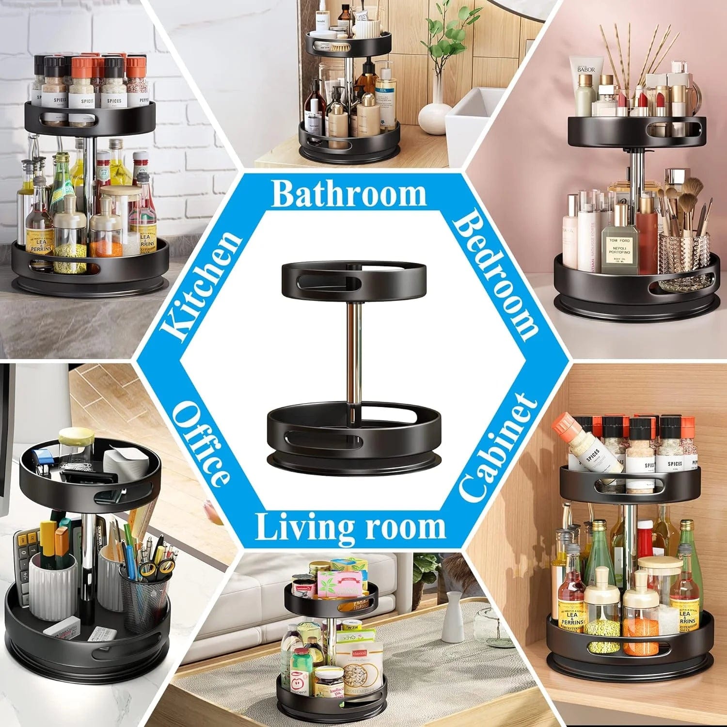 2 Tier Rotating Spice Rack Organizer, 360 Degree Rotation Turntable Kitchen Organizers and Storage, Metal Spice Holder for Kitchen Pantry Storage Cupboard Table Black