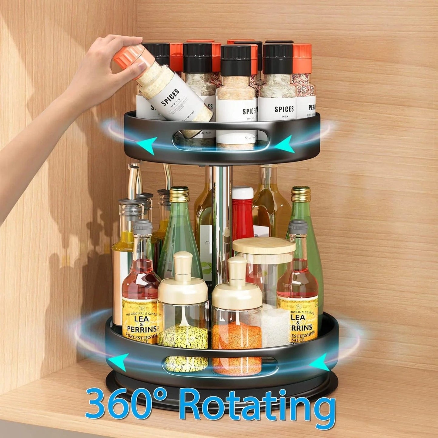 2 Tier Rotating Spice Rack Organizer, 360 Degree Rotation Turntable Kitchen Organizers and Storage, Metal Spice Holder for Kitchen Pantry Storage Cupboard Table Black