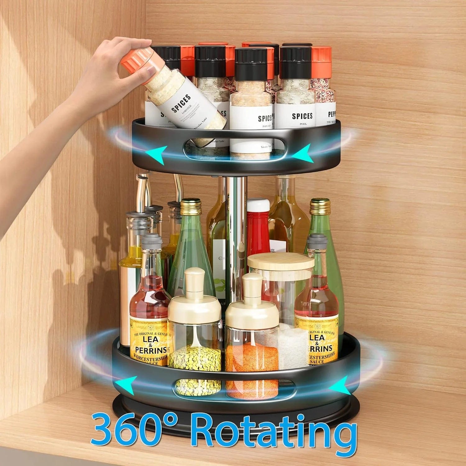 2 Tier Rotating Spice Rack Organizer, 360 Degree Rotation Turntable Kitchen Organizers and Storage, Metal Spice Holder for Kitchen Pantry Storage Cupboard Table Black