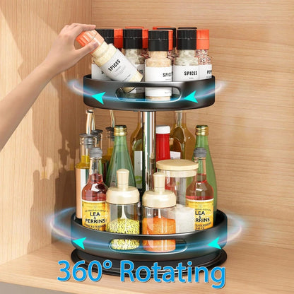 2 Tier Rotating Spice Rack Organizer, 360 Degree Rotation Turntable Kitchen Organizers and Storage, Metal Spice Holder for Kitchen Pantry Storage Cupboard Table Black