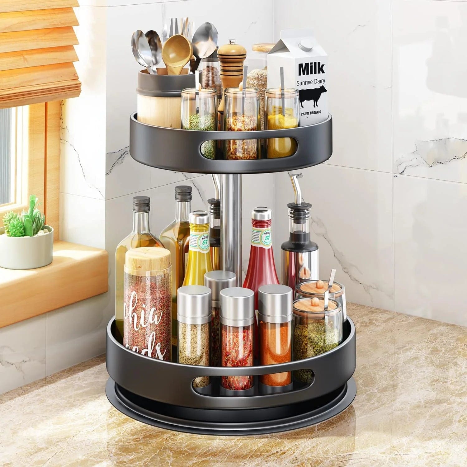 2 Tier Rotating Spice Rack Organizer, 360 Degree Rotation Turntable Kitchen Organizers and Storage, Metal Spice Holder for Kitchen Pantry Storage Cupboard Table Black