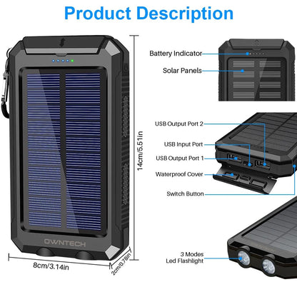 20000Mah Portable Power Bank Solar Charger for Cell Phone and Android, Solar Phone Chargers with Dual 5V USB Ports and 2 Led Flashlight Black