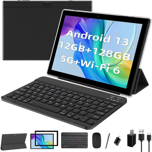 2024 Newest Android 13 Tablet 10 Inch, 12GB RAM 128GB ROM/1TB Expandable Tablet PC, 2 in 1 Tablets with Keyboard, Quad-Core 2.0Ghz CPU HD Screen, Google Certified 5G Wifi 6 BT 5.0, 8MP Camera Tableta Black