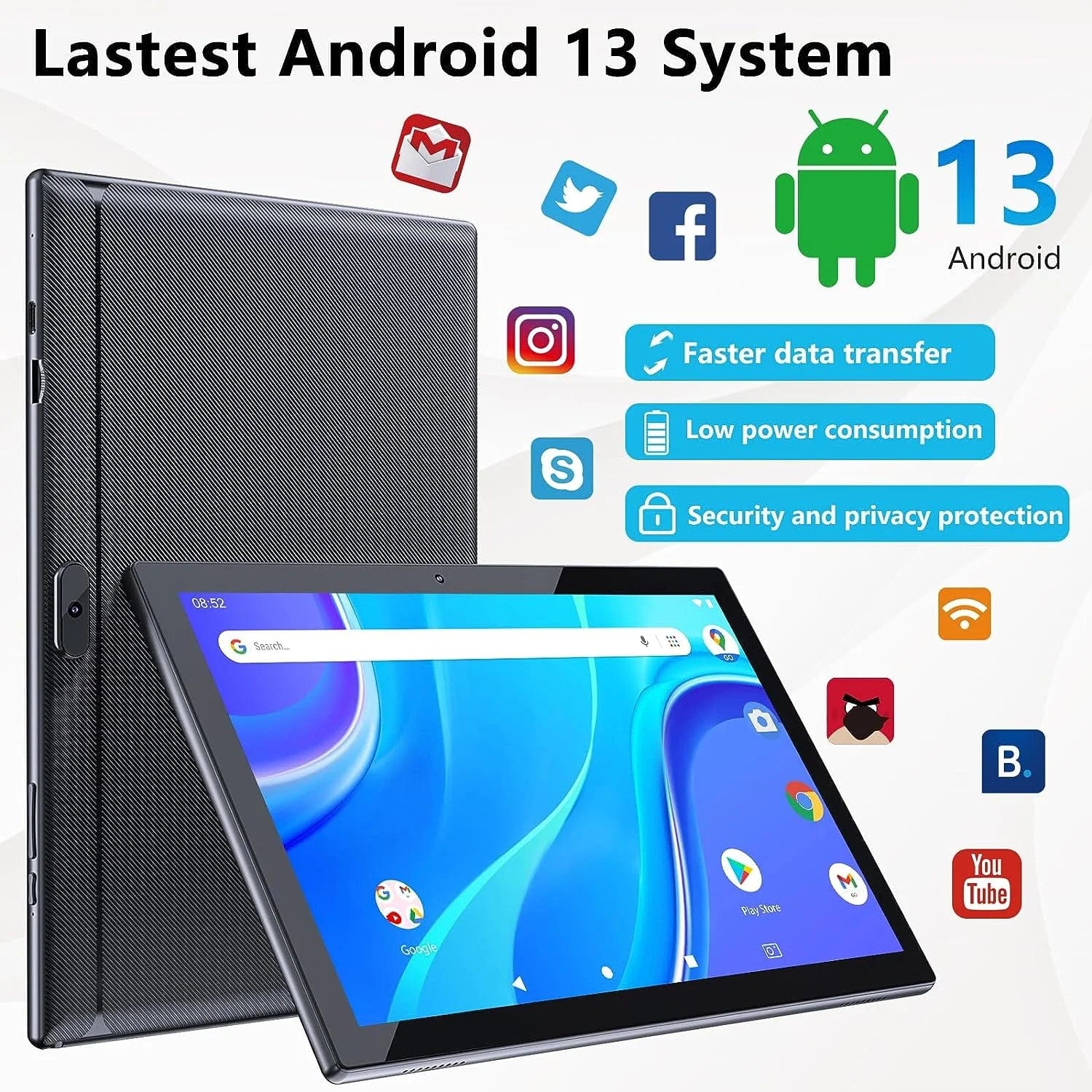 2024 Newest Android 13 Tablet 10 Inch, 12GB RAM 128GB ROM/1TB Expandable Tablet PC, 2 in 1 Tablets with Keyboard, Quad-Core 2.0Ghz CPU HD Screen, Google Certified 5G Wifi 6 BT 5.0, 8MP Camera Tableta Black