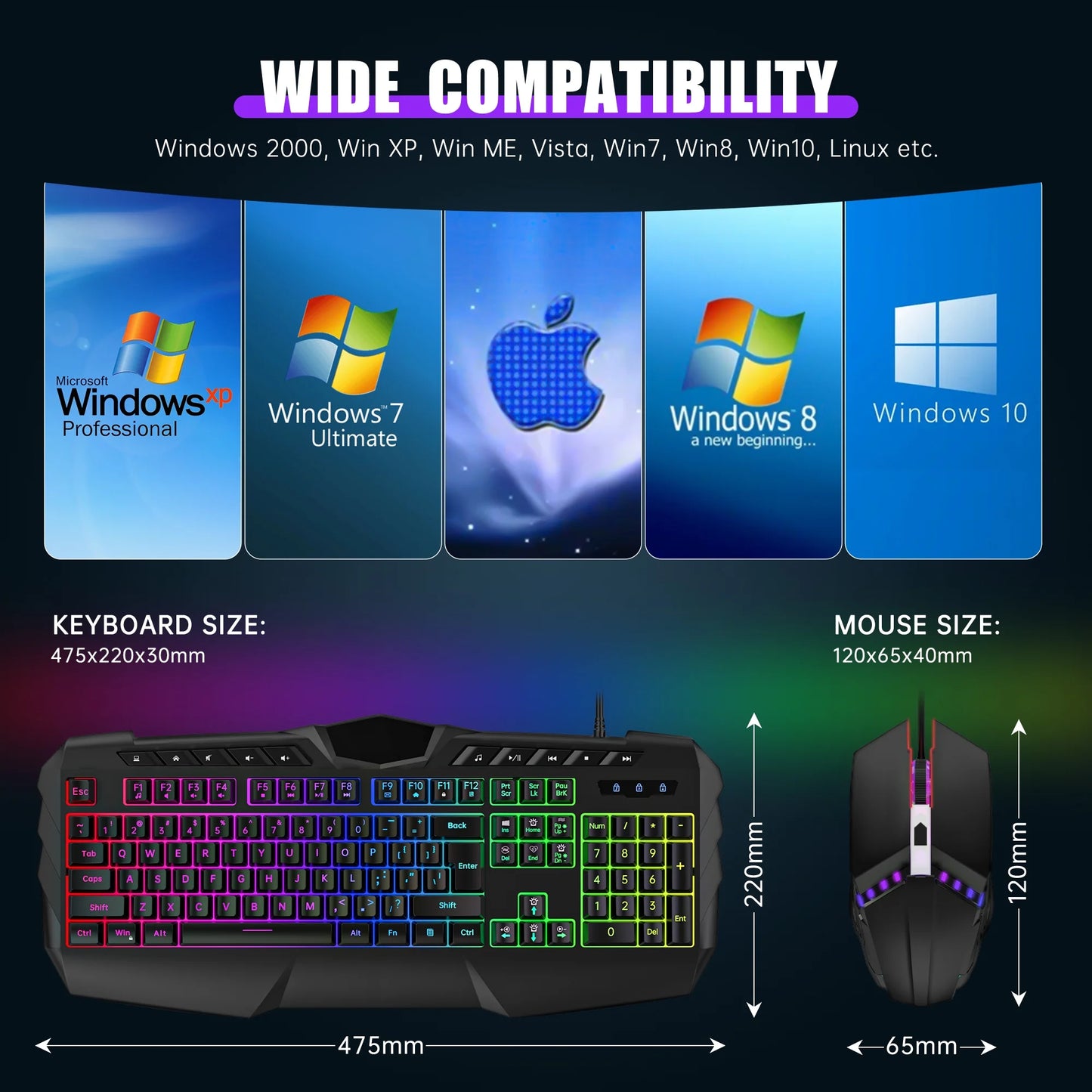 Gaming Keyboard and Mouse Combo, LED RGB Backlit Wired Keyboard 114 Keys Mechanical Feel Anti-Ghosting Keyboard & 7 Colors Mouse with 12 Multimedia Keys for Windows/Xp/Vista PC Laptop Computer Gamer