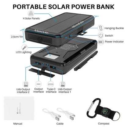 Portable Solar Charger for Iphone Android, 30000Mah Power Bank with 4 Solar Panels and Compass