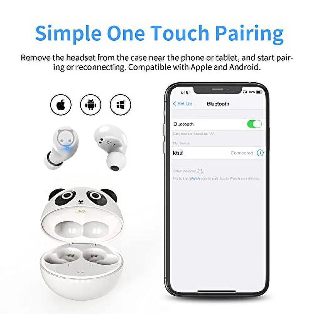 Wireless Earbuds for Kids,Bluetooth Earbuds with Cute Panda Comfort&Lightweight Design Noise Cancellation Earphone for Girl Women Sport Bluetooth 5.0 in Ear Headphone with Mini Portable Charging Case