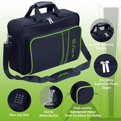 Carrying Case for PS5, Bag for Ps5,Bag for PS5 Accessories,Included Gamepad Controller Protective Box(Black-Green)