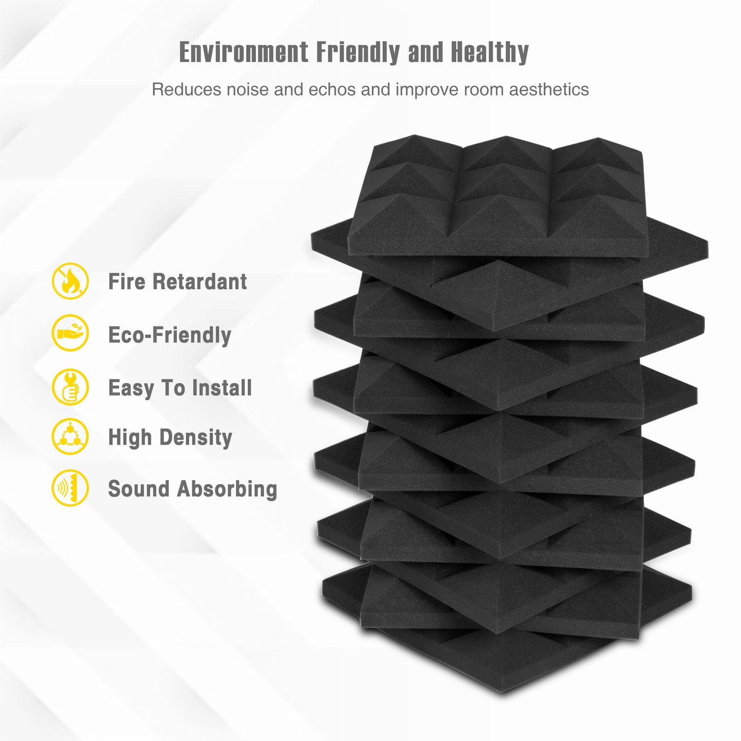 Acoustic Foam Panels, Pyramid Studio Wedge Tiles, 12" H, Black 12 Pack