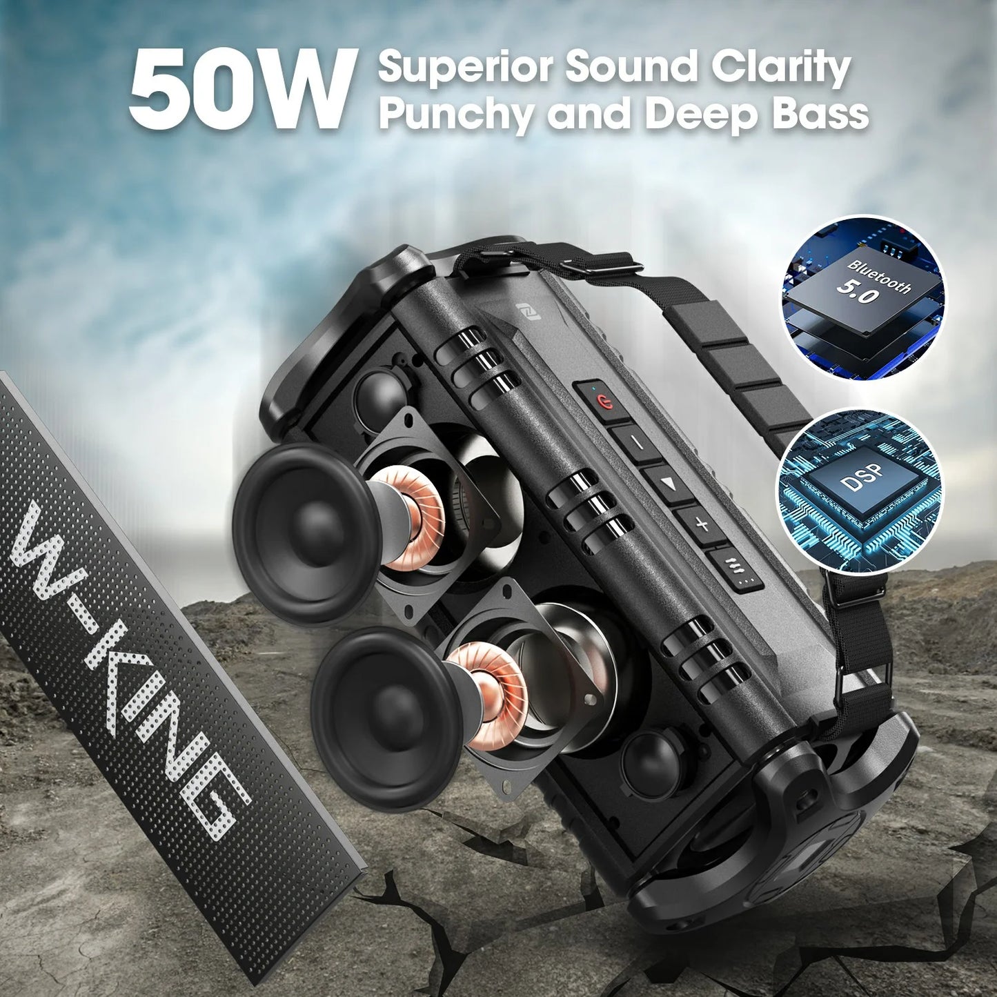 50W Bluetooth Speakers, IPX6 Waterproof, Deep Bass, 30H, TWS, Black