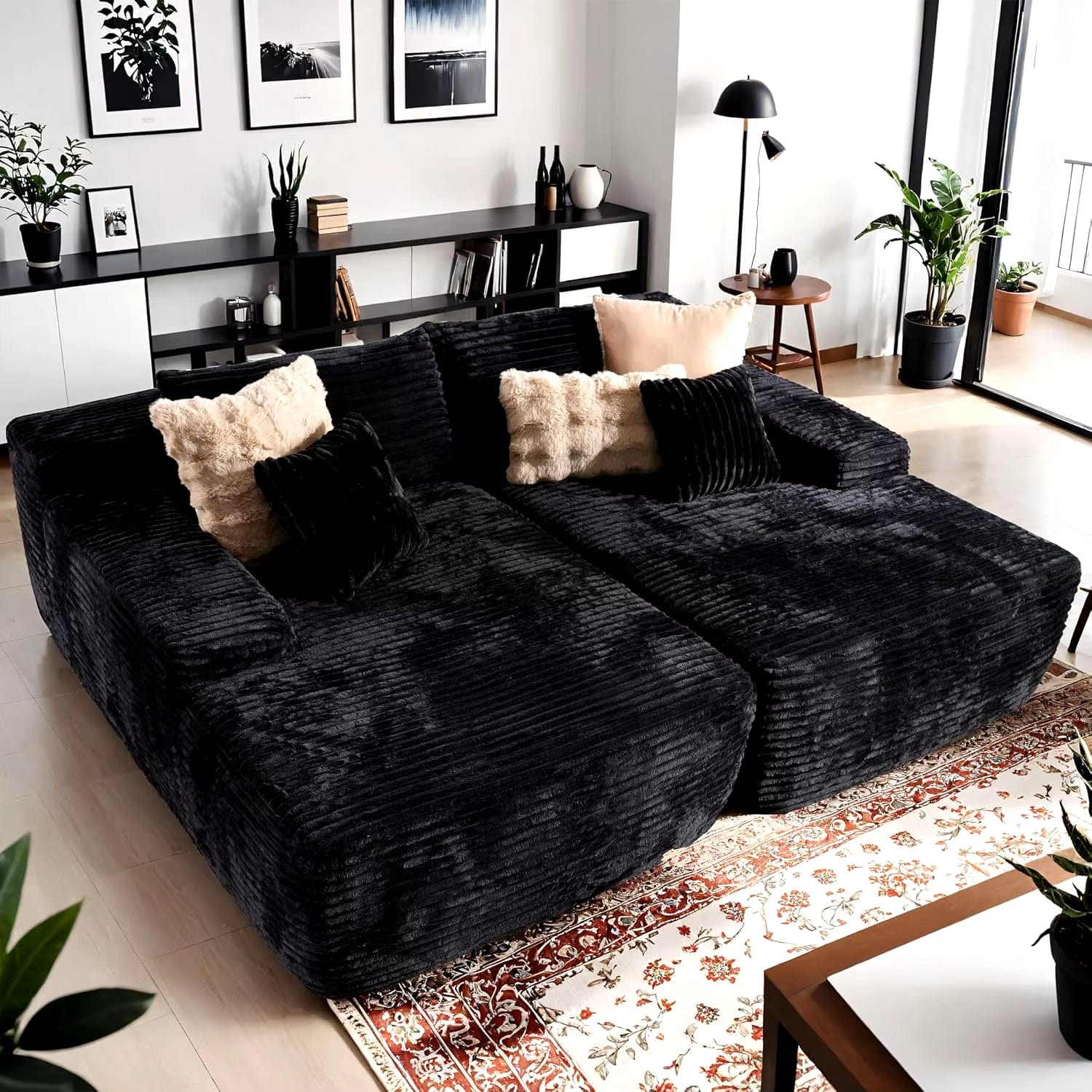 80" Cloud Sectional Couch Sofa Bed,Luxury Deep Seat Plush Corduroy Lounge Oversized Chaise Lounge Sofa Indoor Black 2Pcs