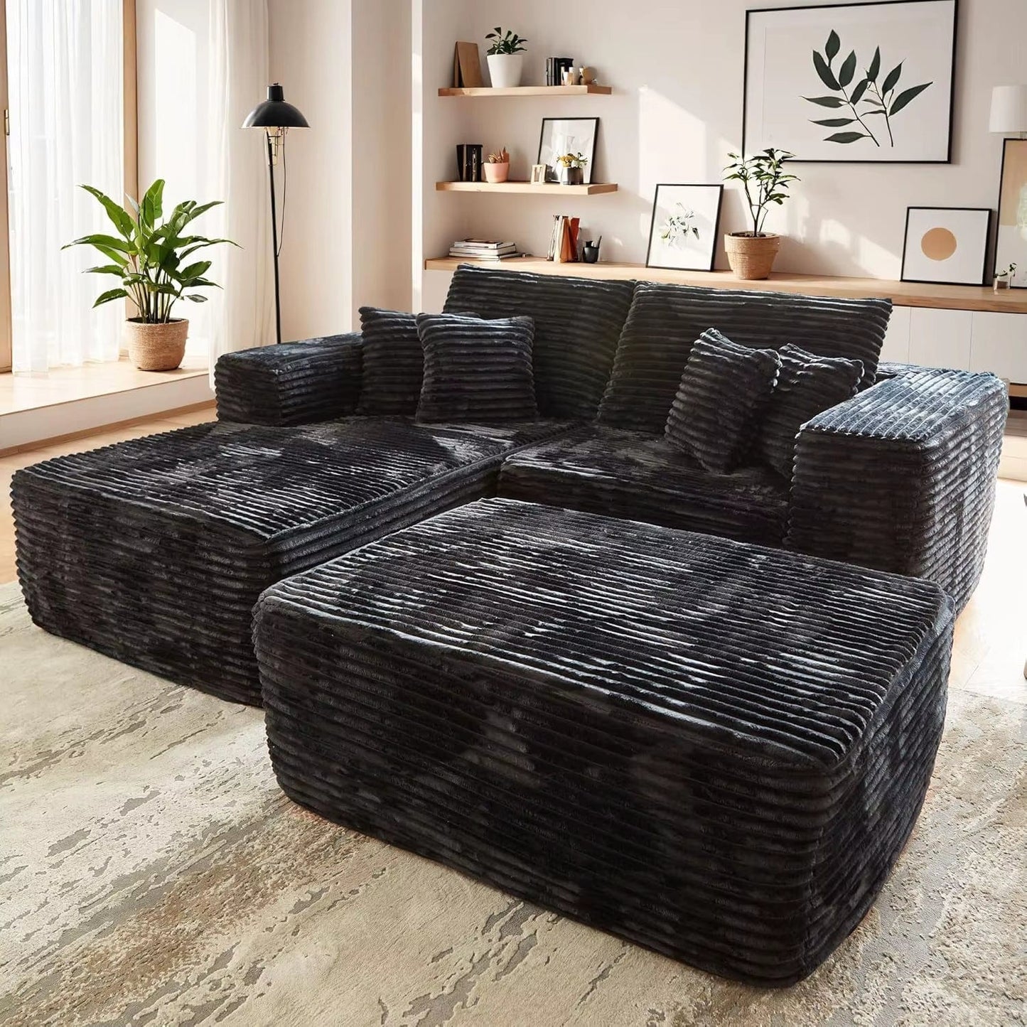 80" Cloud Sectional Couch Sofa Bed,Luxury Deep Seat Plush Corduroy Lounge Oversized Chaise Lounge Sofa Indoor Black 3Pcs L