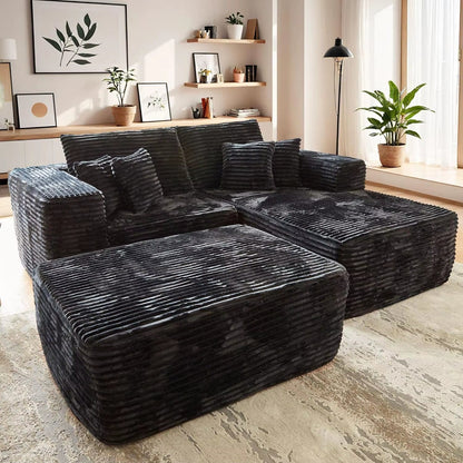 80" Cloud Sectional Couch Sofa Bed,Luxury Deep Seat Plush Corduroy Lounge Oversized Chaise Lounge Sofa Indoor Black 3Pcs R