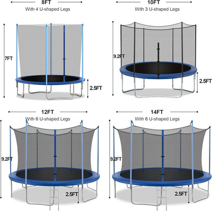 8FT 10FT 12FT 14FT Trampoline with Enclosure Net Outdoor Jump Rectangle Trampoline - ASTM Approved-Combo Bounce Exercise Trampoline PVC Spring Cover Padding for Kids and Adults Blue / 14Ft