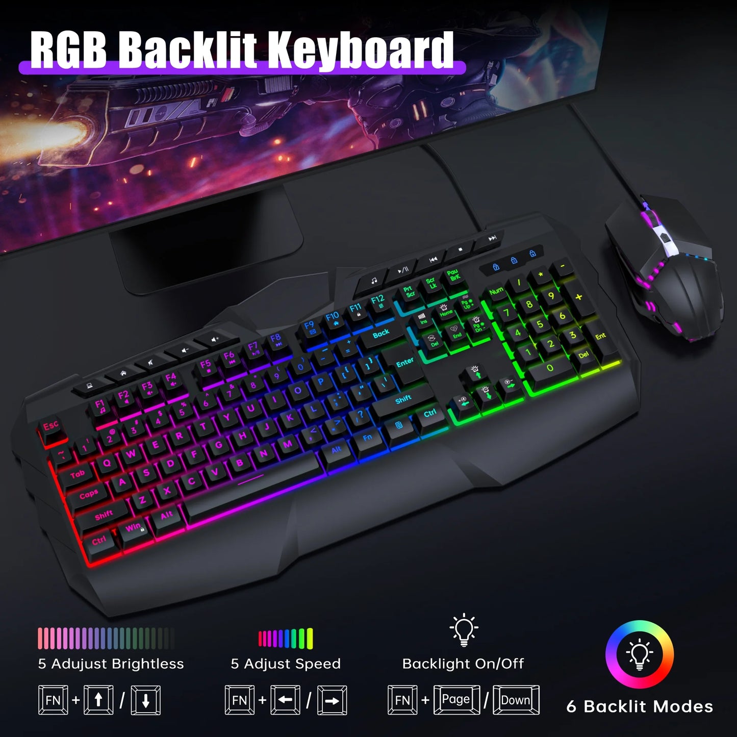 Gaming Keyboard and Mouse Combo, LED RGB Backlit Wired Keyboard 114 Keys Mechanical Feel Anti-Ghosting Keyboard & 7 Colors Mouse with 12 Multimedia Keys for Windows/Xp/Vista PC Laptop Computer Gamer