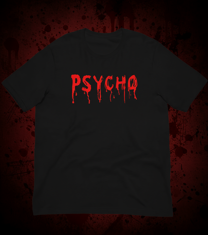 Black t-shirt with red 'PSYCHO' text on a white background