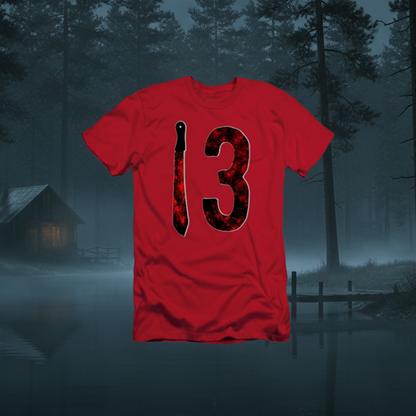 Red t-shirt with black number 13 design on a white background