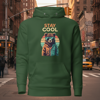 Green hoodie with a bear graphic and 'Stay Cool' text on a white background