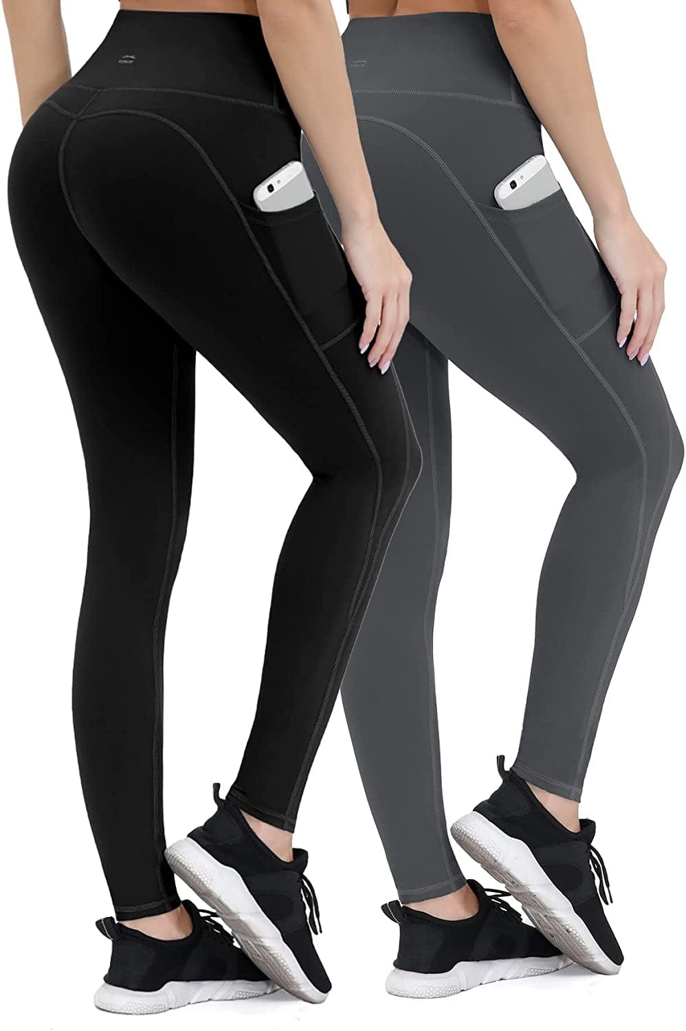 Anti-Nail Leggings for Women, Non-See-Through Yoga Pants with Phone Pockets, Tummy Control Full-Length/Capri Tights 2 Pairs Pants-Black+Gray / X-Small