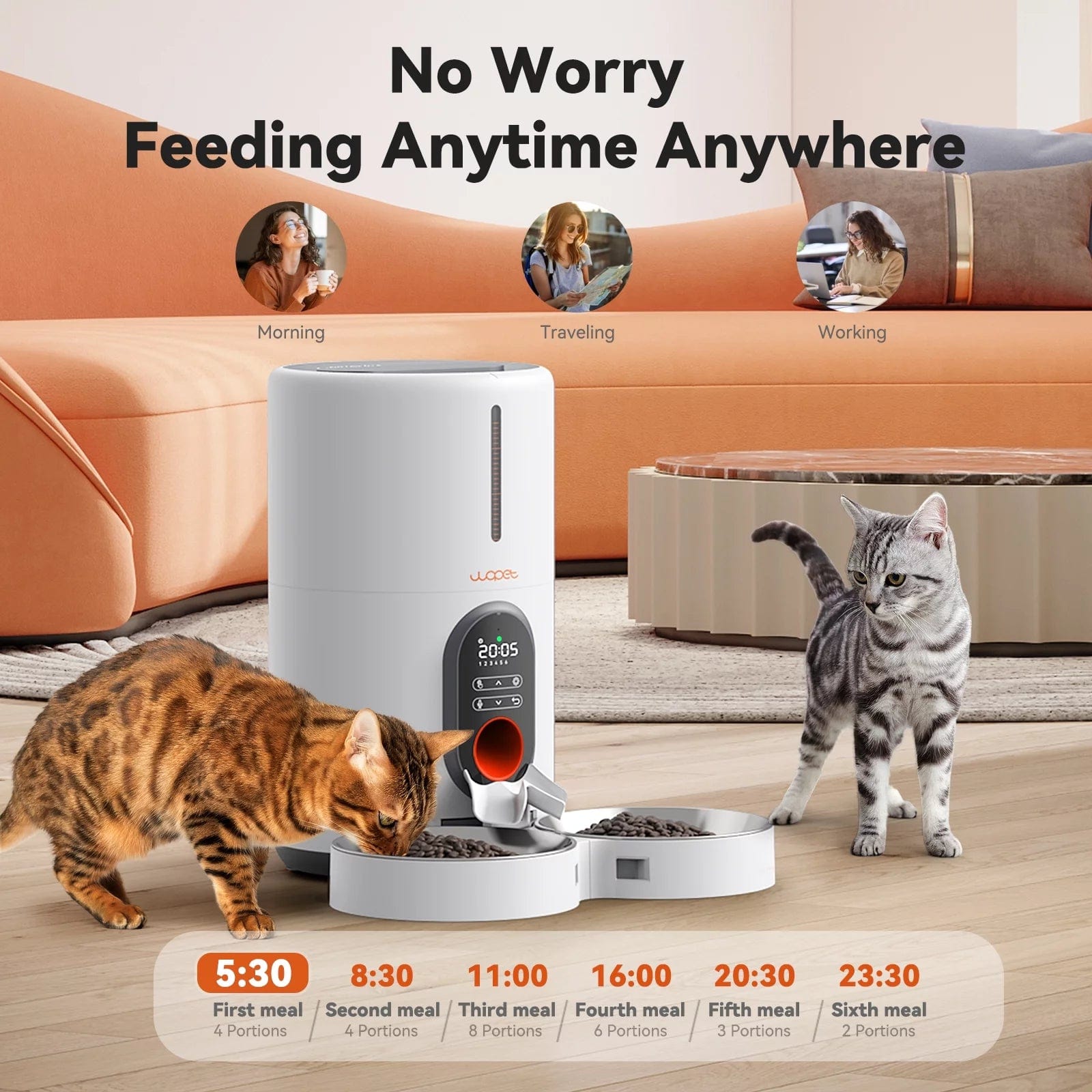 Automatic Cat Feeders for 2 Cats - Timed Dog Food Dispenser with Splitter and Two Stainless Bowls, Cat Feeders 10S Meal Call, 6 Meals per Day for Cats & Small Dogs, White White