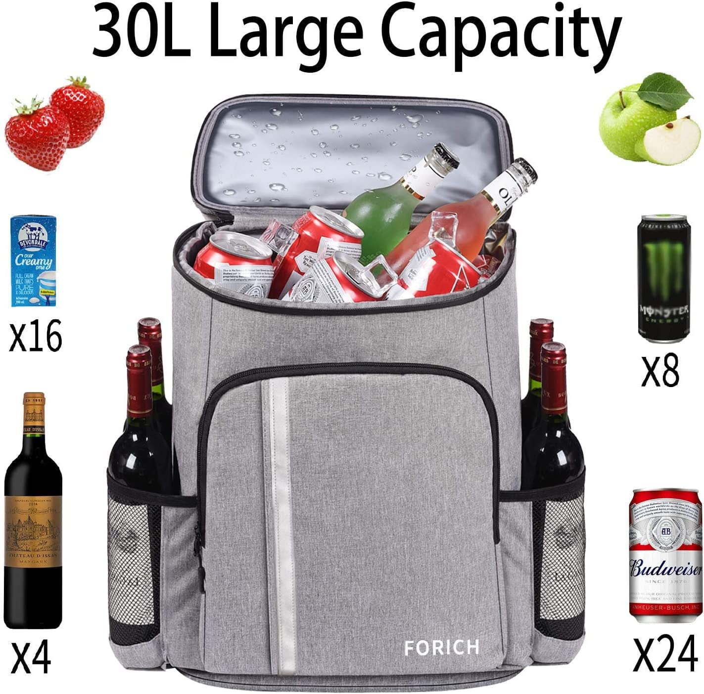 Backpack Cooler Leakproof Insulated Waterproof Backpack Cooler Bag, Lightweight Soft Beach Cooler Backpack for Men Women to Work Lunch Picnics Camping Hiking, 30 Cans Grey