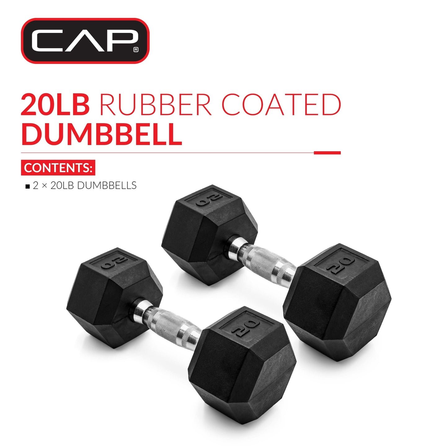 Barbell, 20Lb Coated Rubber Hex Dumbbell, Pair 20Lb Pair