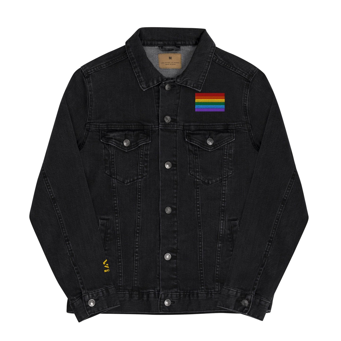 Be Proud Rainbow Flag Unisex Denim Jacket | LGBTQ+ Pride Jacket | Rainbow Flag Apparel | Inclusive Fashion Black Denim / S