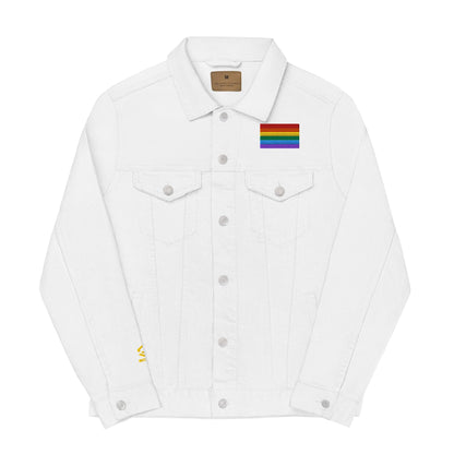 Be Proud Rainbow Flag Unisex Denim Jacket | LGBTQ+ Pride Jacket | Rainbow Flag Apparel | Inclusive Fashion White / S